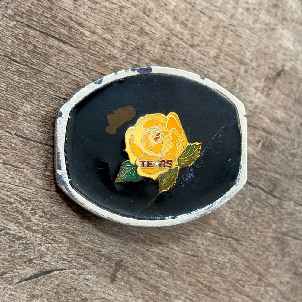 Vintage Yellow Rose of Texas Enamel Belt Buckle Black Silver Tone BB7006 Oval